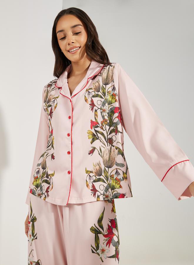 Styli Satin Floral Print Piped Trim Detail Shirt & Pyjama Set  - Image 3