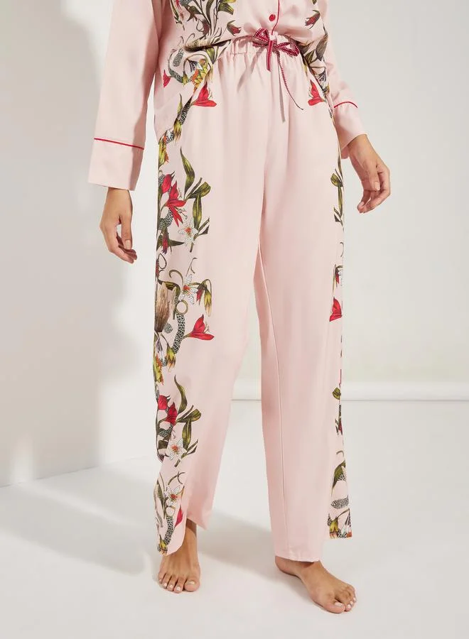 Styli Satin Floral Print Piped Trim Detail Shirt & Pyjama Set