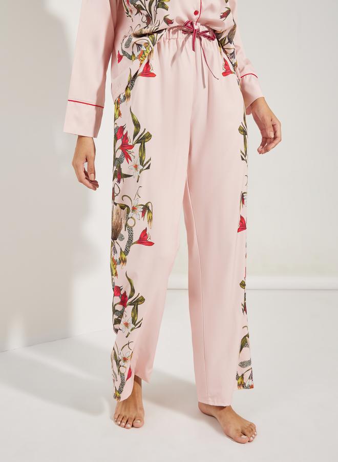 Satin Floral Print Piped Trim Detail Shirt & Pyjama Set