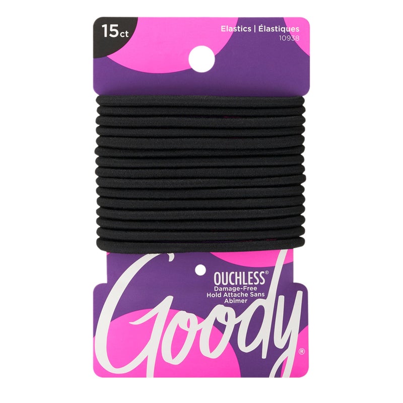 Goody Ouchless Hair Elastics â€“ No Pull, No Breakage, Tangle-Free Hold for Thick, Curly, Coily & Textured Hair â€“ 15 Count, Black, Long-Lasting Ponytail Holders for Women & Men - Image 1