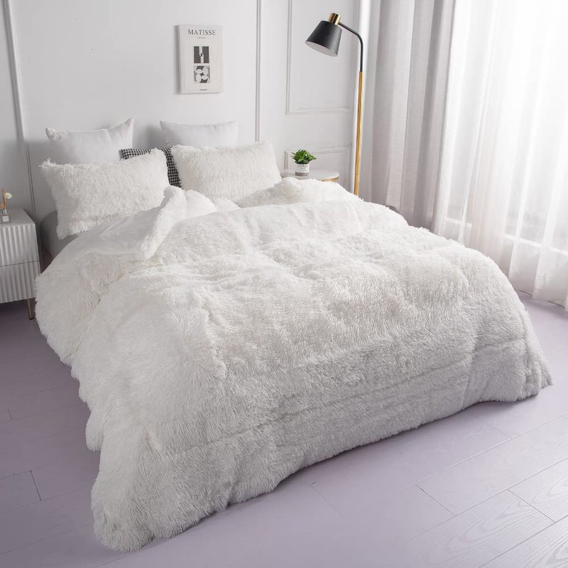 chovy طقم لحاف شوفى من الفرو الصناعي الأبيض - ناعم للغاية من الفلانيل المخملي الفاخر 3 قطع (لحاف x 1، غطاء وسادة x 2) للسرير المزدوج/المفرد - Image 5