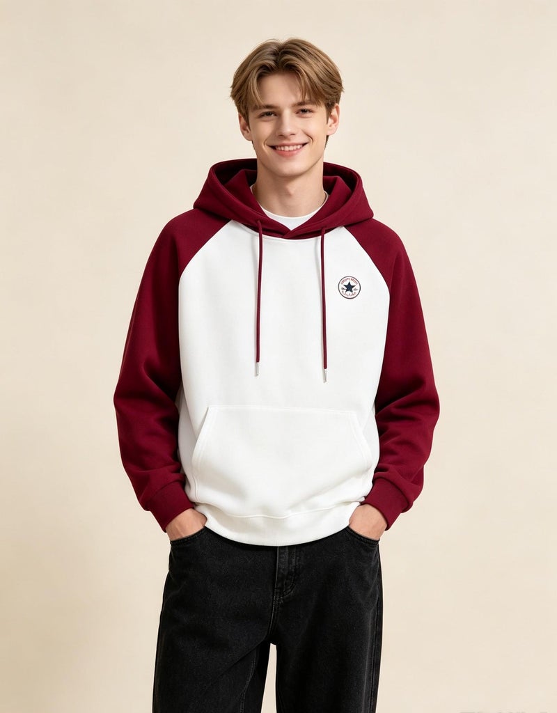 كونفرس CONVERSE مع القبعة مع الملابس الحمراء اللون الملحومة عارضة أكمام طويلة فضفاضة الرجال والنساء الزوجين مع الأكمام الملحقة - Image 4