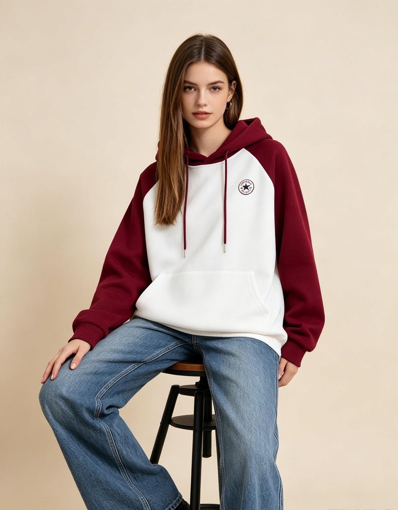 كونفرس CONVERSE مع القبعة مع الملابس الحمراء اللون الملحومة عارضة أكمام طويلة فضفاضة الرجال والنساء الزوجين مع الأكمام الملحقة - Image 5