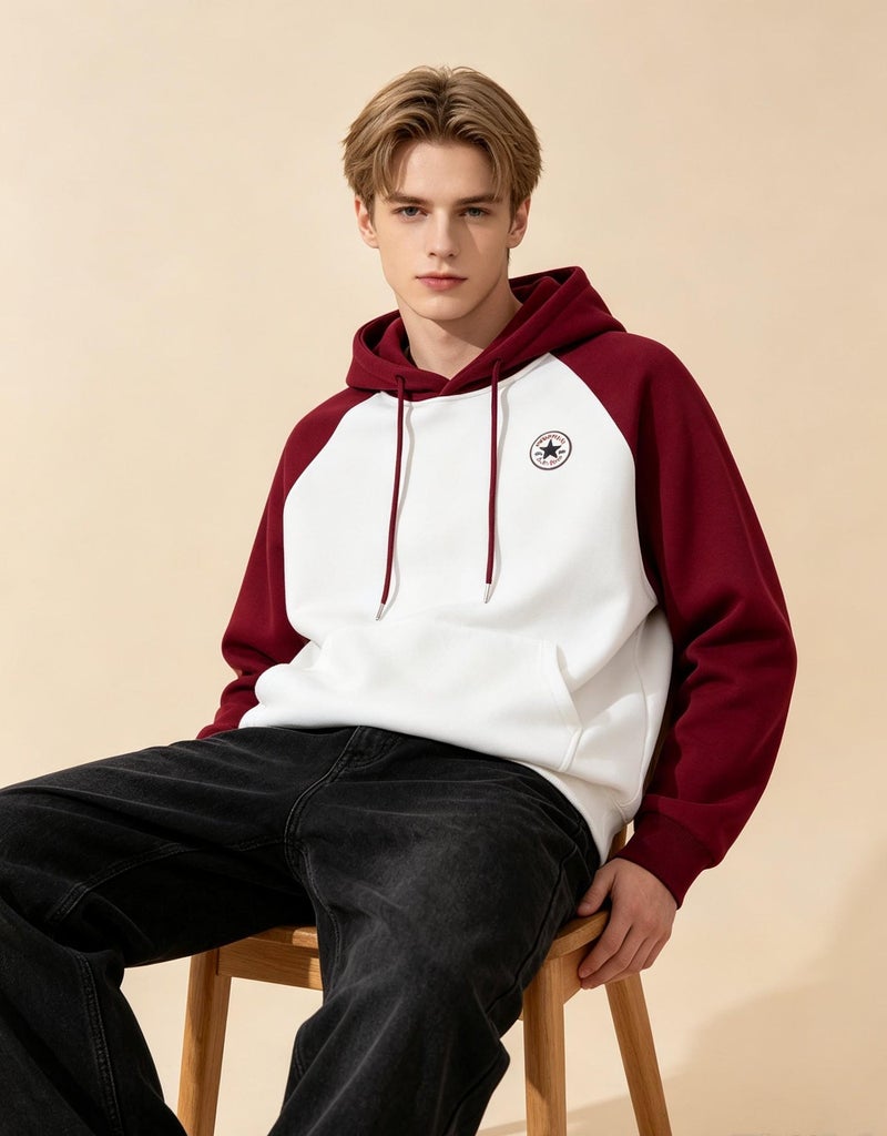 كونفرس CONVERSE مع القبعة مع الملابس الحمراء اللون الملحومة عارضة أكمام طويلة فضفاضة الرجال والنساء الزوجين مع الأكمام الملحقة - Image 1