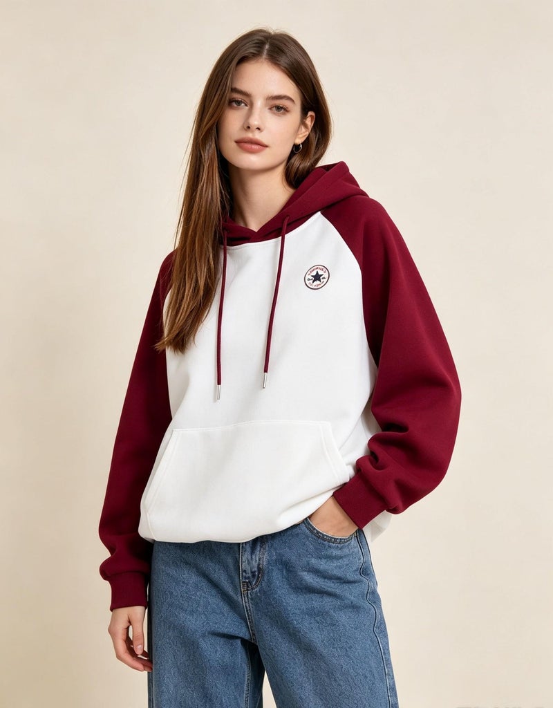 كونفرس CONVERSE مع القبعة مع الملابس الحمراء اللون الملحومة عارضة أكمام طويلة فضفاضة الرجال والنساء الزوجين مع الأكمام الملحقة - Image 2
