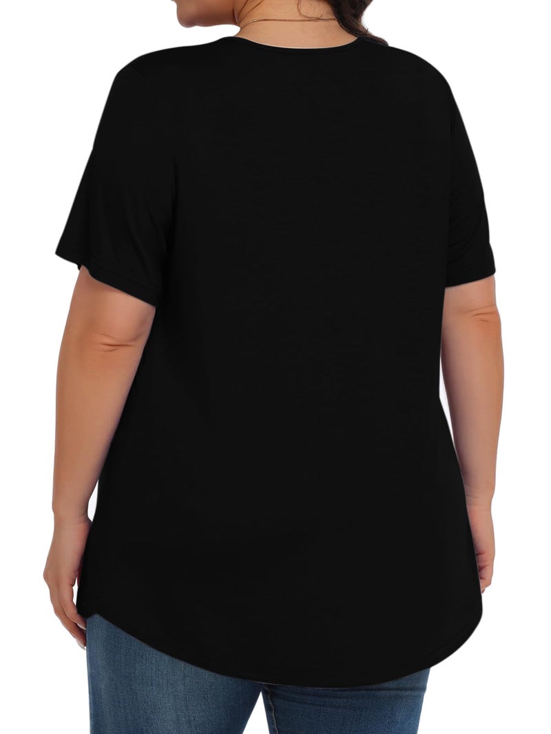 Tencede Womens Plus Size Tops Tunic Short Sleeve Crew Neck Shirts Casual Soft Blouse Black 2X - Image 4
