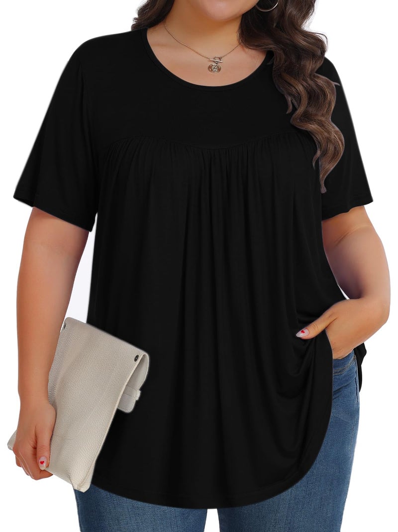 Tencede Womens Plus Size Tops Tunic Short Sleeve Crew Neck Shirts Casual Soft Blouse Black 2X - Image 1