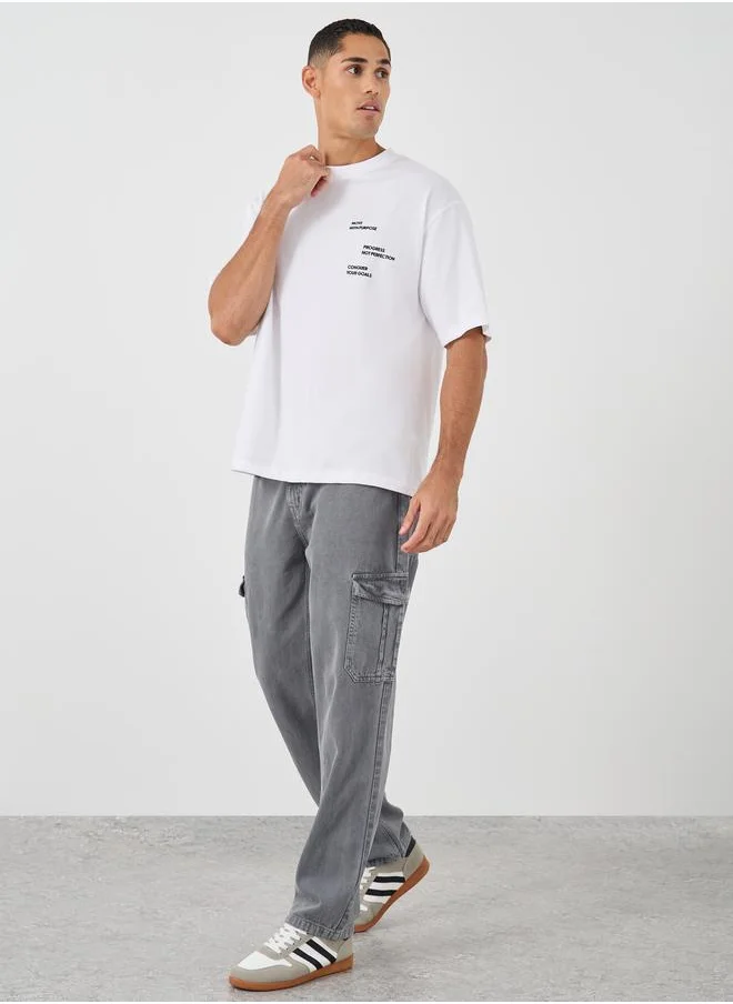 ستايلي Styli Minimal Chest Print Short Sleeve Oversized T-Shirt