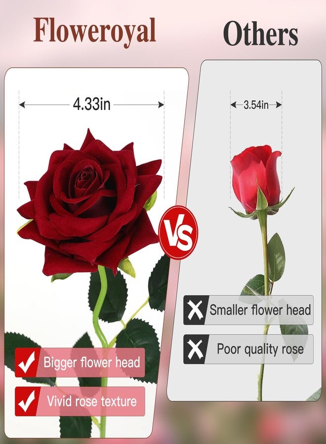 Floweroyal 15PCS Burgundy Roses Artificial Flowers 4.33" Velvet Flowers with Long Stem Fake Roses for Valentine's Day, Wedding Bridal Bouquets, Floral Arrangement, Table Centerpieces, Home Decorations - Image 2