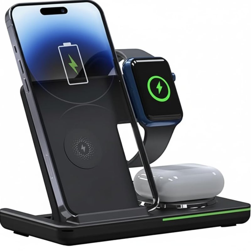 تريدجيت 3 في 1 محطة شحن لاسلكية - قاعدة شحن سريعة لهاتف iPhone 16 15 14 13 12 11 X Pro Max، Apple Watch Series 8 7 6 5 4، AirPods Pro وسماعات الأذن (أسود) - Image 5