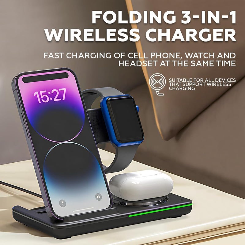تريدجيت 3 في 1 محطة شحن لاسلكية - قاعدة شحن سريعة لهاتف iPhone 16 15 14 13 12 11 X Pro Max، Apple Watch Series 8 7 6 5 4، AirPods Pro وسماعات الأذن (أسود) - Image 1
