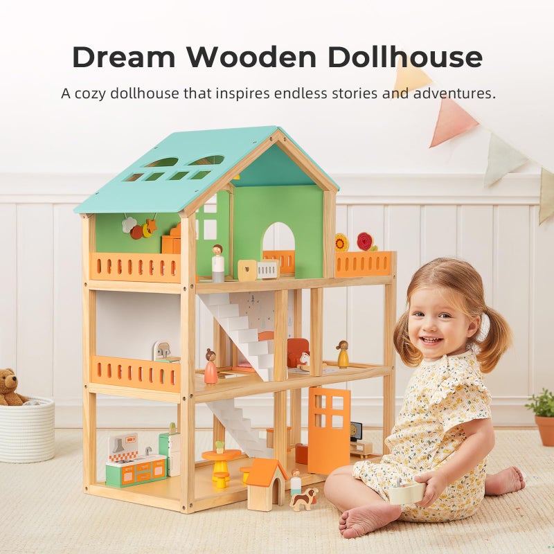 OOOK Large Wooden Dollhouse with 42 Pcs Luxurious Furniture Accessories, 3-Story Doll House 6 Rooms Balcony Wooden Stairs, Ideal Modern Doll House for 3 Year Old - Image 2