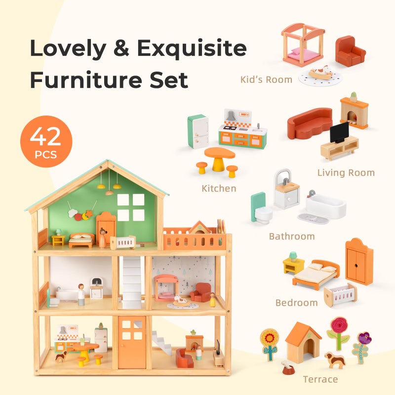 OOOK Large Wooden Dollhouse with 42 Pcs Luxurious Furniture Accessories, 3-Story Doll House 6 Rooms Balcony Wooden Stairs, Ideal Modern Doll House for 3 Year Old - Image 4