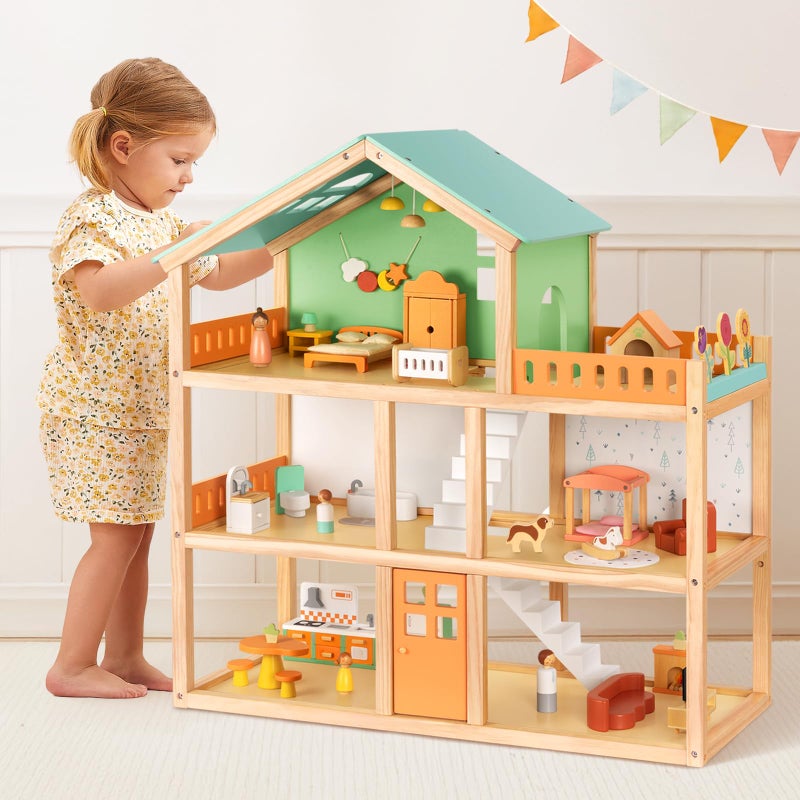 OOOK Large Wooden Dollhouse with 42 Pcs Luxurious Furniture Accessories, 3-Story Doll House 6 Rooms Balcony Wooden Stairs, Ideal Modern Doll House for 3 Year Old - Image 3