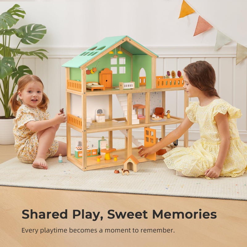 OOOK Large Wooden Dollhouse with 42 Pcs Luxurious Furniture Accessories, 3-Story Doll House 6 Rooms Balcony Wooden Stairs, Ideal Modern Doll House for 3 Year Old - Image 5