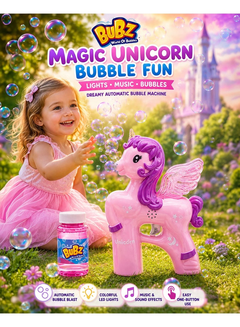 BUBZ Electric Unicorn Bubble Machine for Kids with LED Lights & Music Automatic Bubble Maker Toy for Girls Dreamy Bubble Blaster with Continuous Bubble Output for Outdoor Summer Play Birthday Parties Gifts Indoor Fun Includes Bubble Solution Pink - Image 1