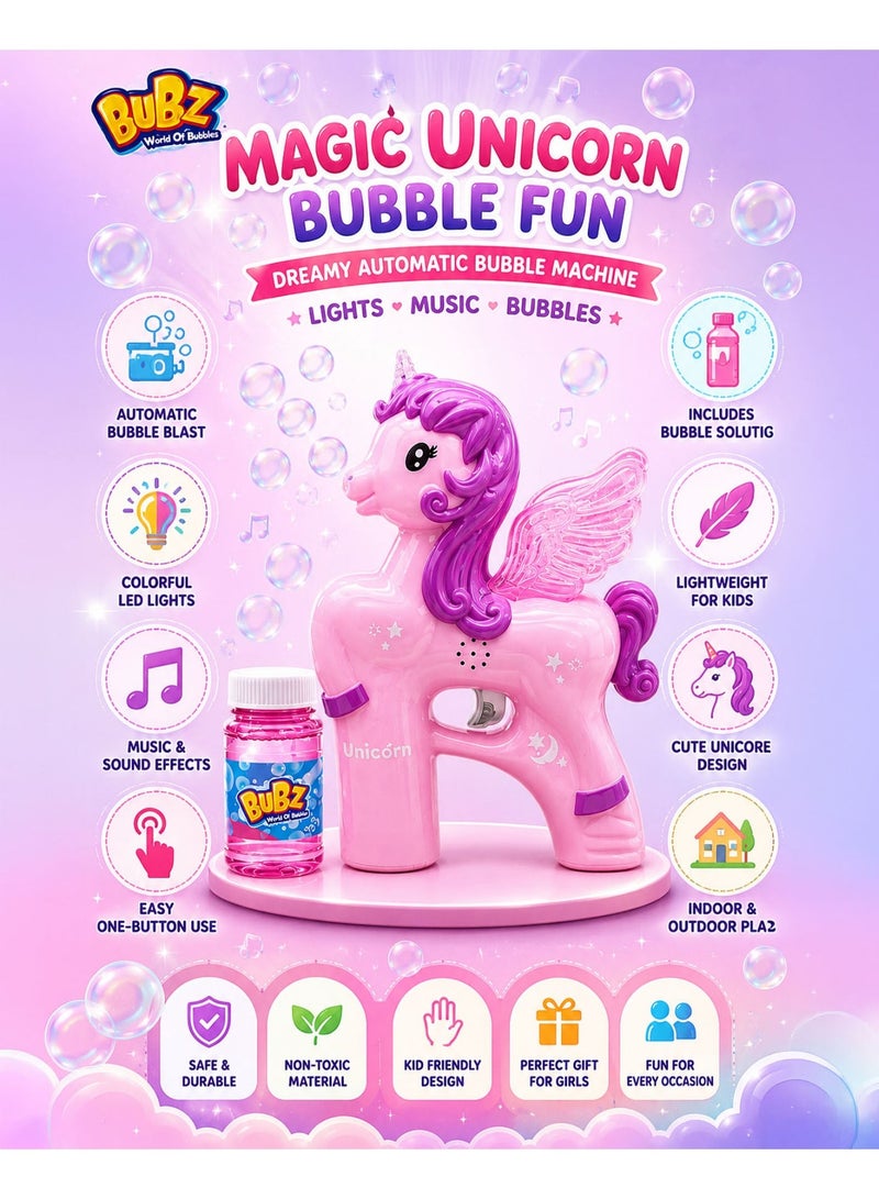 BUBZ Electric Unicorn Bubble Machine for Kids with LED Lights & Music Automatic Bubble Maker Toy for Girls Dreamy Bubble Blaster with Continuous Bubble Output for Outdoor Summer Play Birthday Parties Gifts Indoor Fun Includes Bubble Solution Pink - Image 2