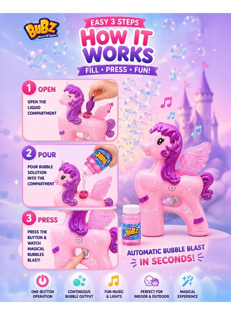 BUBZ Electric Unicorn Bubble Machine for Kids with LED Lights & Music Automatic Bubble Maker Toy for Girls Dreamy Bubble Blaster with Continuous Bubble Output for Outdoor Summer Play Birthday Parties Gifts Indoor Fun Includes Bubble Solution Pink - Image 3