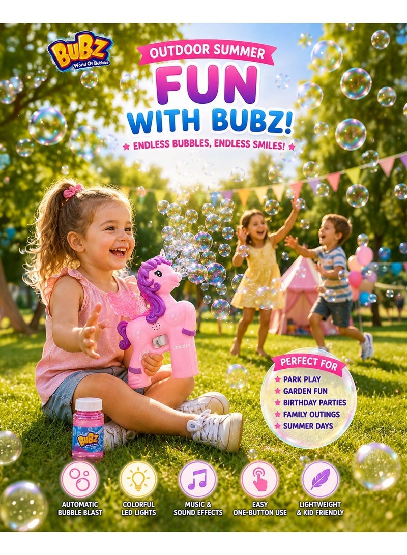 BUBZ Electric Unicorn Bubble Machine for Kids with LED Lights & Music Automatic Bubble Maker Toy for Girls Dreamy Bubble Blaster with Continuous Bubble Output for Outdoor Summer Play Birthday Parties Gifts Indoor Fun Includes Bubble Solution Pink - Image 5