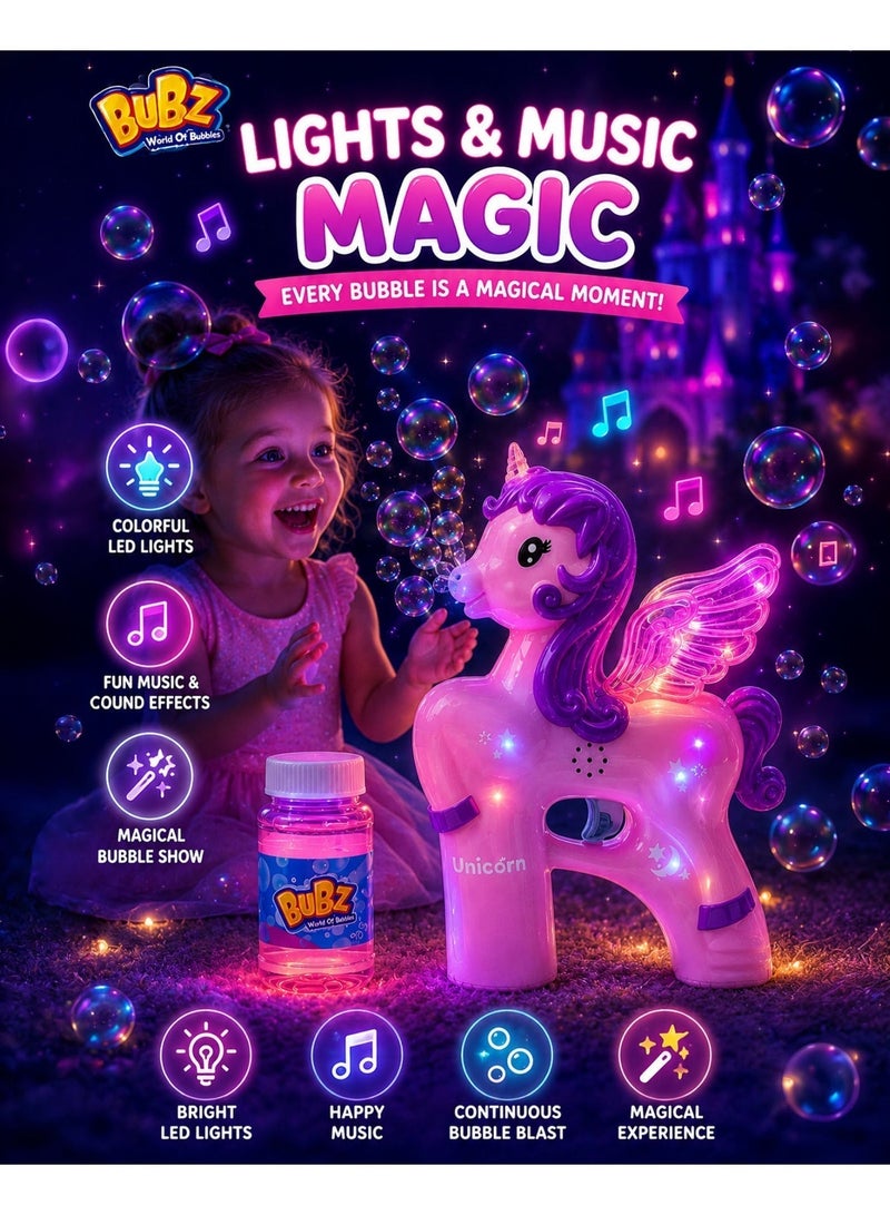 BUBZ Electric Unicorn Bubble Machine for Kids with LED Lights & Music Automatic Bubble Maker Toy for Girls Dreamy Bubble Blaster with Continuous Bubble Output for Outdoor Summer Play Birthday Parties Gifts Indoor Fun Includes Bubble Solution Pink - Image 4