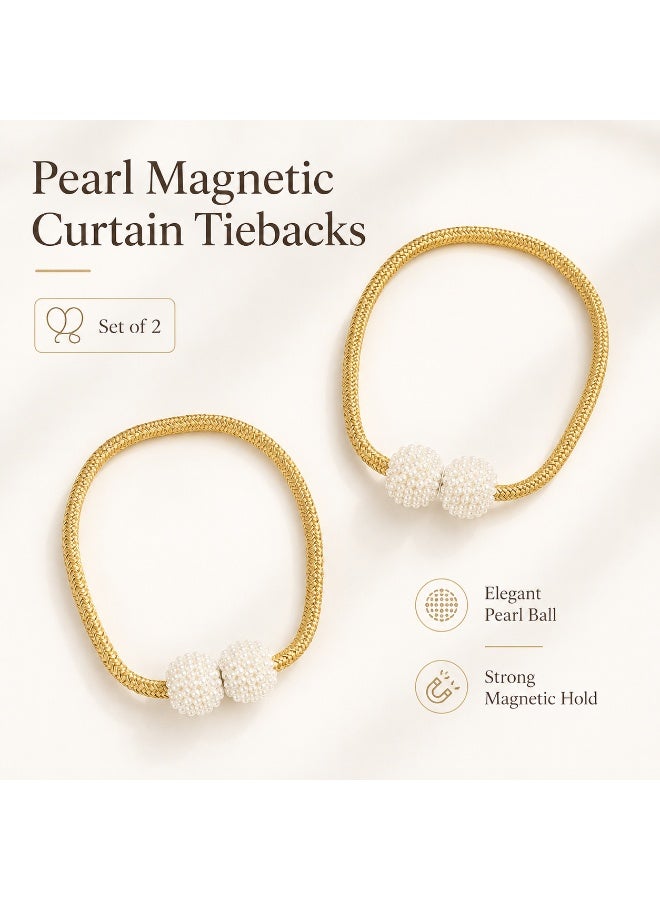 2Pcs Pearl Magnetic Curtain Tiebacks, Gold Braided Curtain Holdbacks with Pearl Ball Design for Living Room Bedroom Office Hotel Window Decor - Image 1