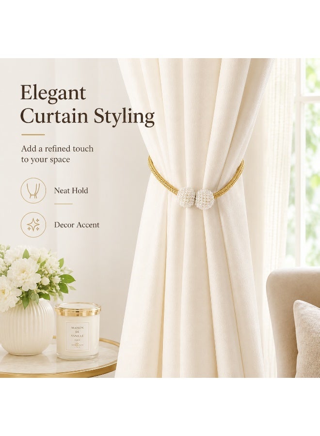 2Pcs Pearl Magnetic Curtain Tiebacks, Gold Braided Curtain Holdbacks with Pearl Ball Design for Living Room Bedroom Office Hotel Window Decor - Image 5
