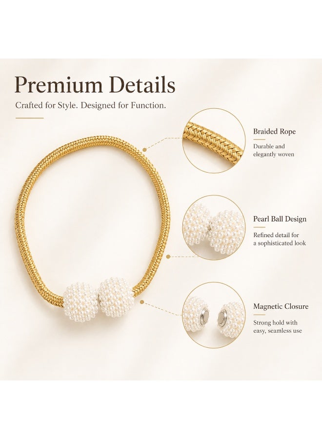 2Pcs Pearl Magnetic Curtain Tiebacks, Gold Braided Curtain Holdbacks with Pearl Ball Design for Living Room Bedroom Office Hotel Window Decor - Image 2