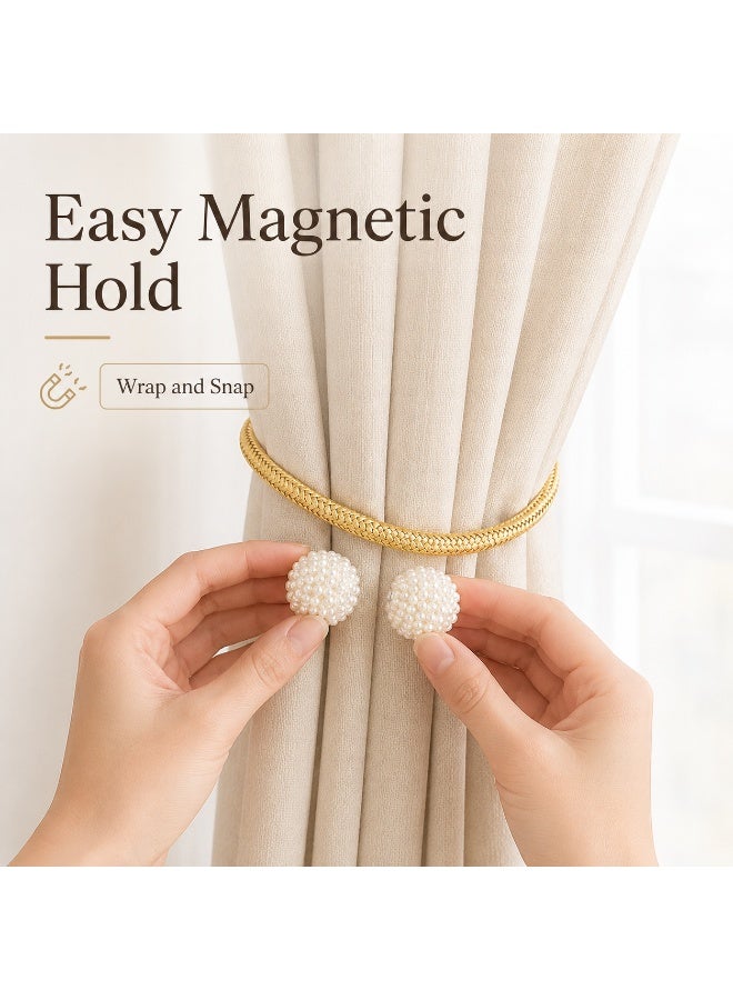 2Pcs Pearl Magnetic Curtain Tiebacks, Gold Braided Curtain Holdbacks with Pearl Ball Design for Living Room Bedroom Office Hotel Window Decor - Image 4
