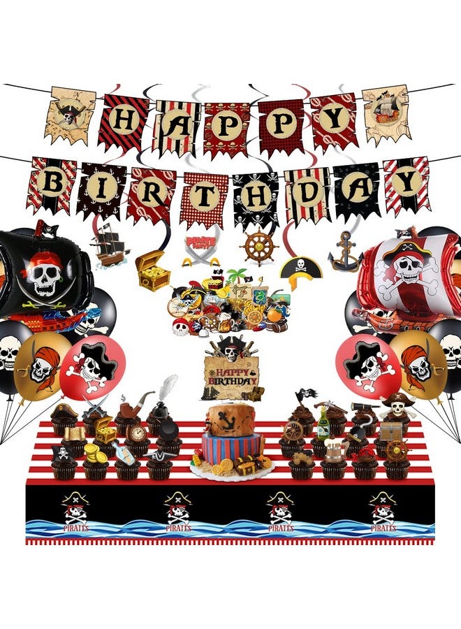 Geluode Pirate Birthday Party Decorations Happy Birthday Pirate Theme Party Set Total 103PCS, Include Happy Birthday Banner Cake Cupcake Toppers Hanging Swirls Balloons Table Cover for Kids Boys Birthday - Image 1
