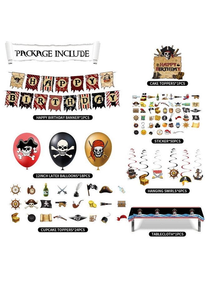 Geluode Pirate Birthday Party Decorations Happy Birthday Pirate Theme Party Set Total 103PCS, Include Happy Birthday Banner Cake Cupcake Toppers Hanging Swirls Balloons Table Cover for Kids Boys Birthday - Image 2