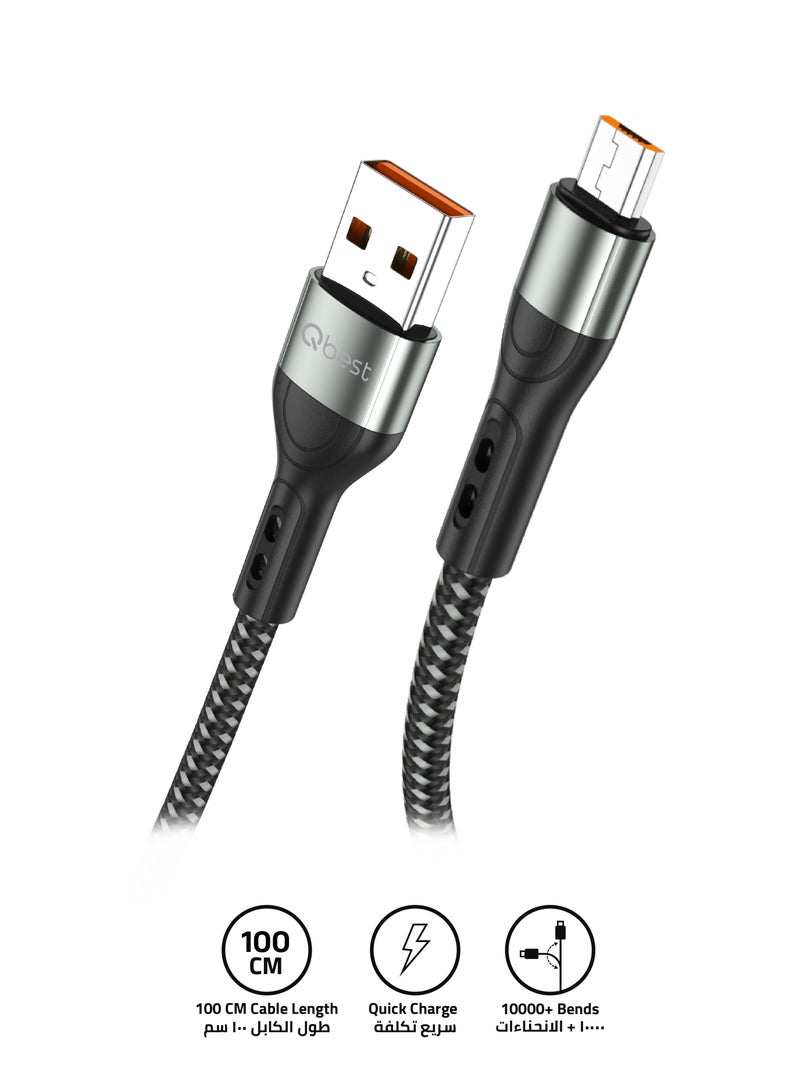 Qbest 3A Nylon USB to Micro Data Cable 1M – High-Speed Data Transfer, Quick Charge, Durable Design - Black - Image 1