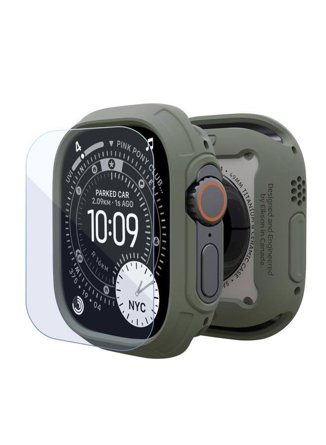 elkson Made for Apple Watch Ultra 2 1 Bumper Case 49mm Screen Protector Tempered Glass, Quattro Max Series Rugged for iWatch, Military Grade Durable Protective Cover, Flexible Shock Proof, Green - Image 1