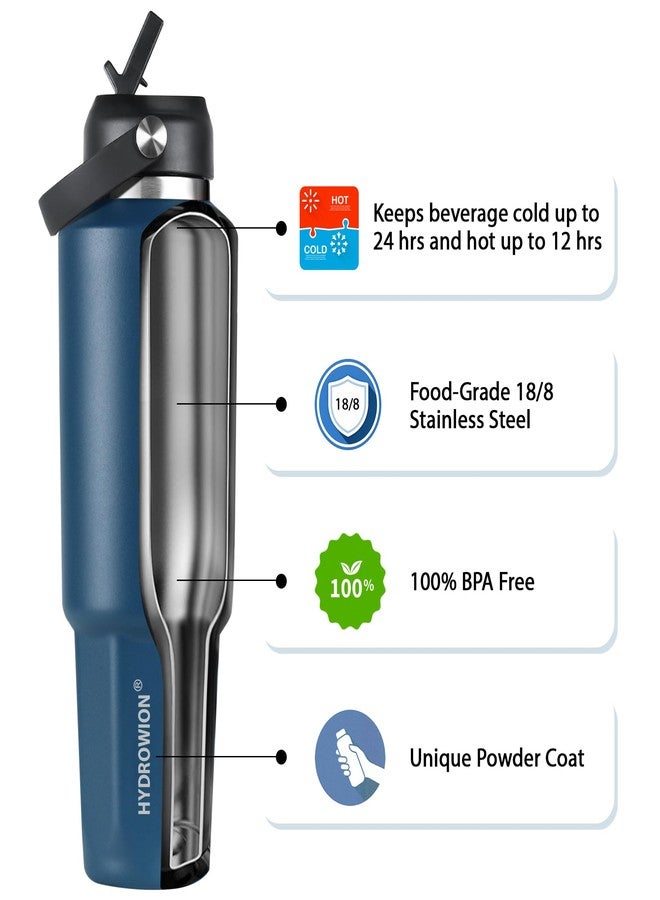 HYDROWION 40 oz Insulated Water Bottle, Car Water Bottle Holder - Double Wall Vacuum Insulated Travel Bottle with Straw Lid, Spout Lid and Flex Cap - Cold for 24H, Hot for 12H, Cobalt - Image 5