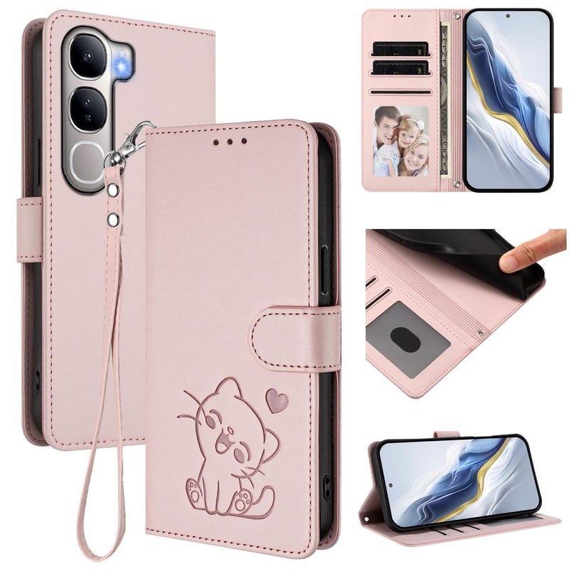 erorex For vivo Y300 / V40 Lite 4G / 5G IDN Embossed  Cat Leather Phone Case with Hand Strap(Pink) - Image 1