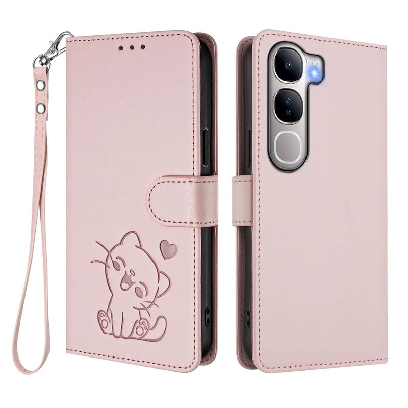 erorex For vivo Y300 / V40 Lite 4G / 5G IDN Embossed  Cat Leather Phone Case with Hand Strap(Pink) - Image 2