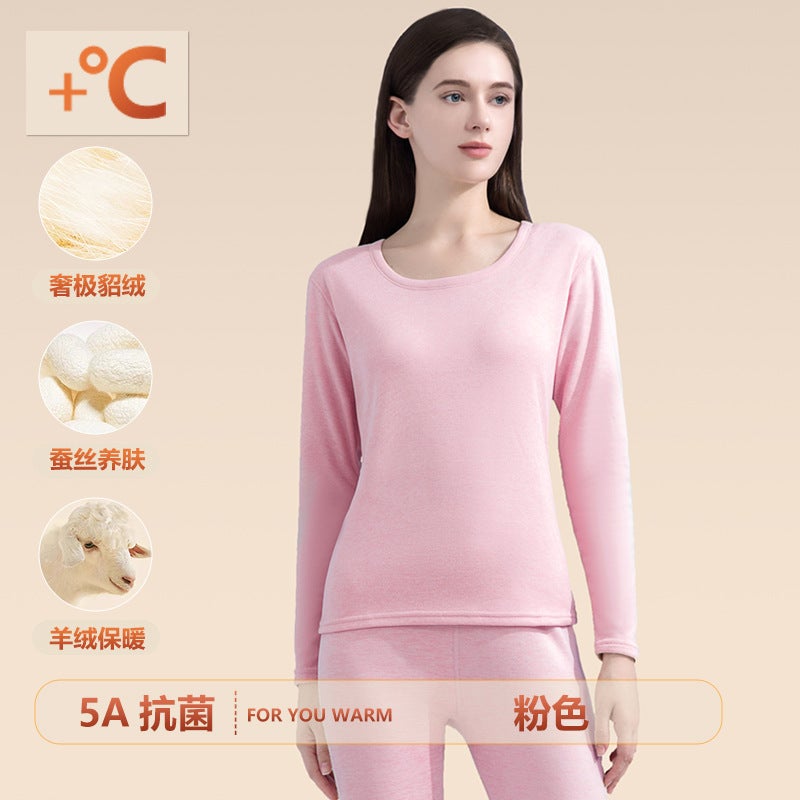 مجموعة ملابس داخلية حرارية من حرير التوت والكشمير المنك للرجال والنساء، tops and bottoms سميكة وعصرية مبطنة بالفleece - Image 1