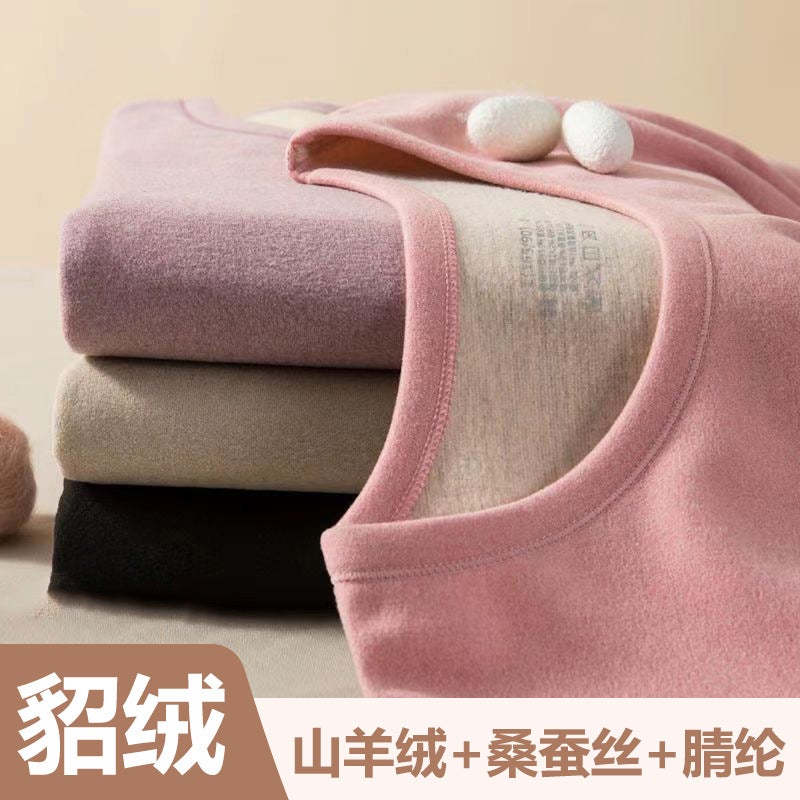 مجموعة ملابس داخلية حرارية من حرير التوت والكشمير المنك للرجال والنساء، tops and bottoms سميكة وعصرية مبطنة بالفleece - Image 5