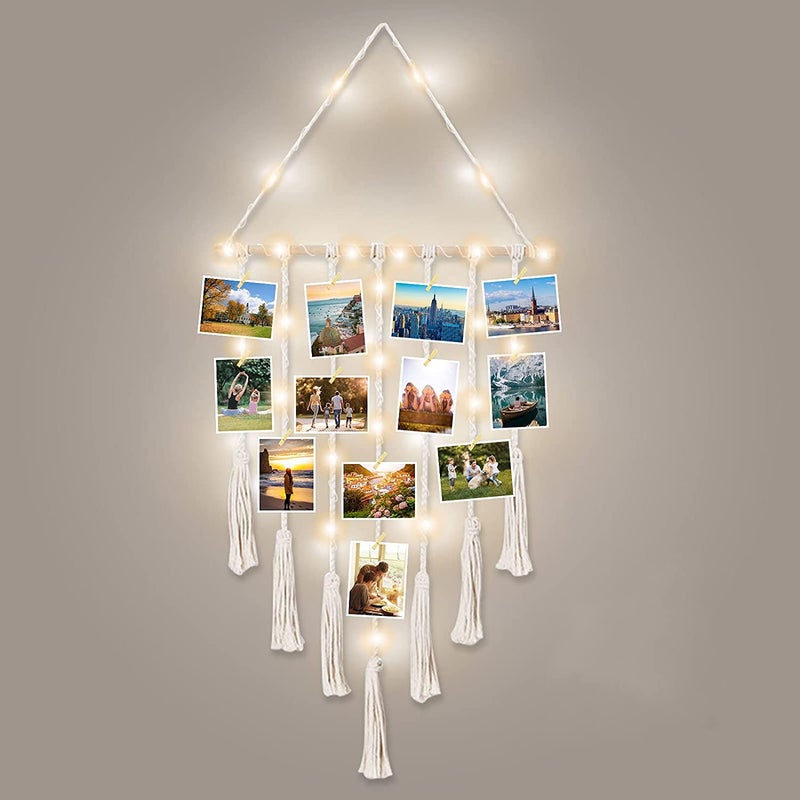 Khush Enterprise Khush Enterprise Khush Its Amazing Wall Hanging Hand Made Photo Display VII 7 Cotton Rope Multi Wood Clips KWH017 LED Light Macrame Square 116L x 50W Centimeter  - Image 1