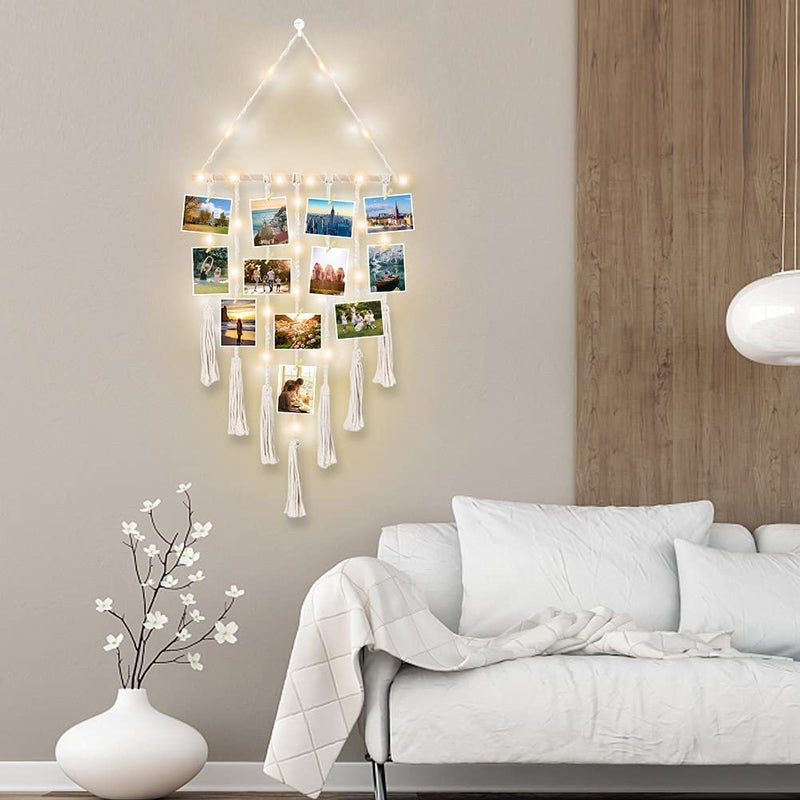 Khush Enterprise Khush Enterprise Khush Its Amazing Wall Hanging Hand Made Photo Display VII 7 Cotton Rope Multi Wood Clips KWH017 LED Light Macrame Square 116L x 50W Centimeter  - Image 2
