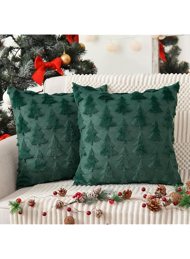 The Bros Pillow Covers 45x45cm Set of 2 Soft Plush Faux Fur Christmas Tree Decorative Luxury Jacquard Throw Pillows Pillowcases for Couch Sofa Holiday Festivals Winter Home Decor, Dark Green - Image 1