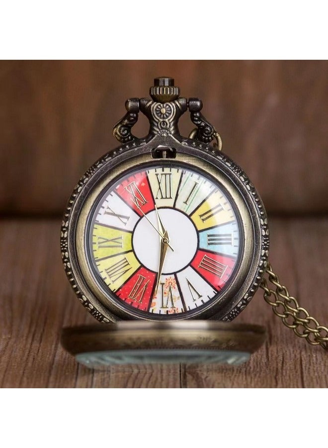 Vintage Flip Pocket Watch, Retro Roman Numerals Quartz Watch, Fashionable Colorful Pattern Lucky Wheel Pocket Watch Sweater Chain Decoration for Men Women  - Image 2