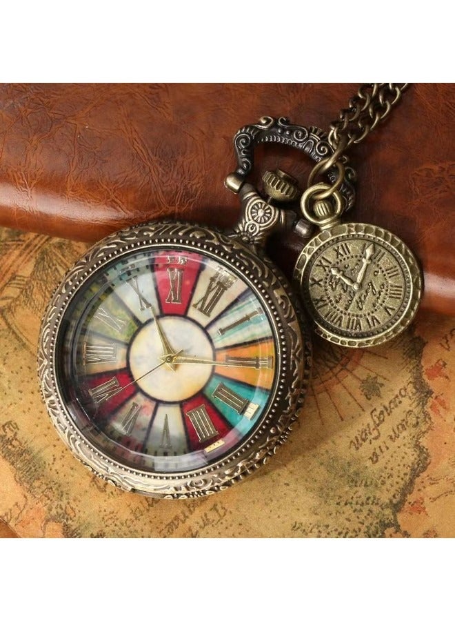 Vintage Flip Pocket Watch, Retro Roman Numerals Quartz Watch, Fashionable Colorful Pattern Lucky Wheel Pocket Watch Sweater Chain Decoration for Men Women  - Image 3