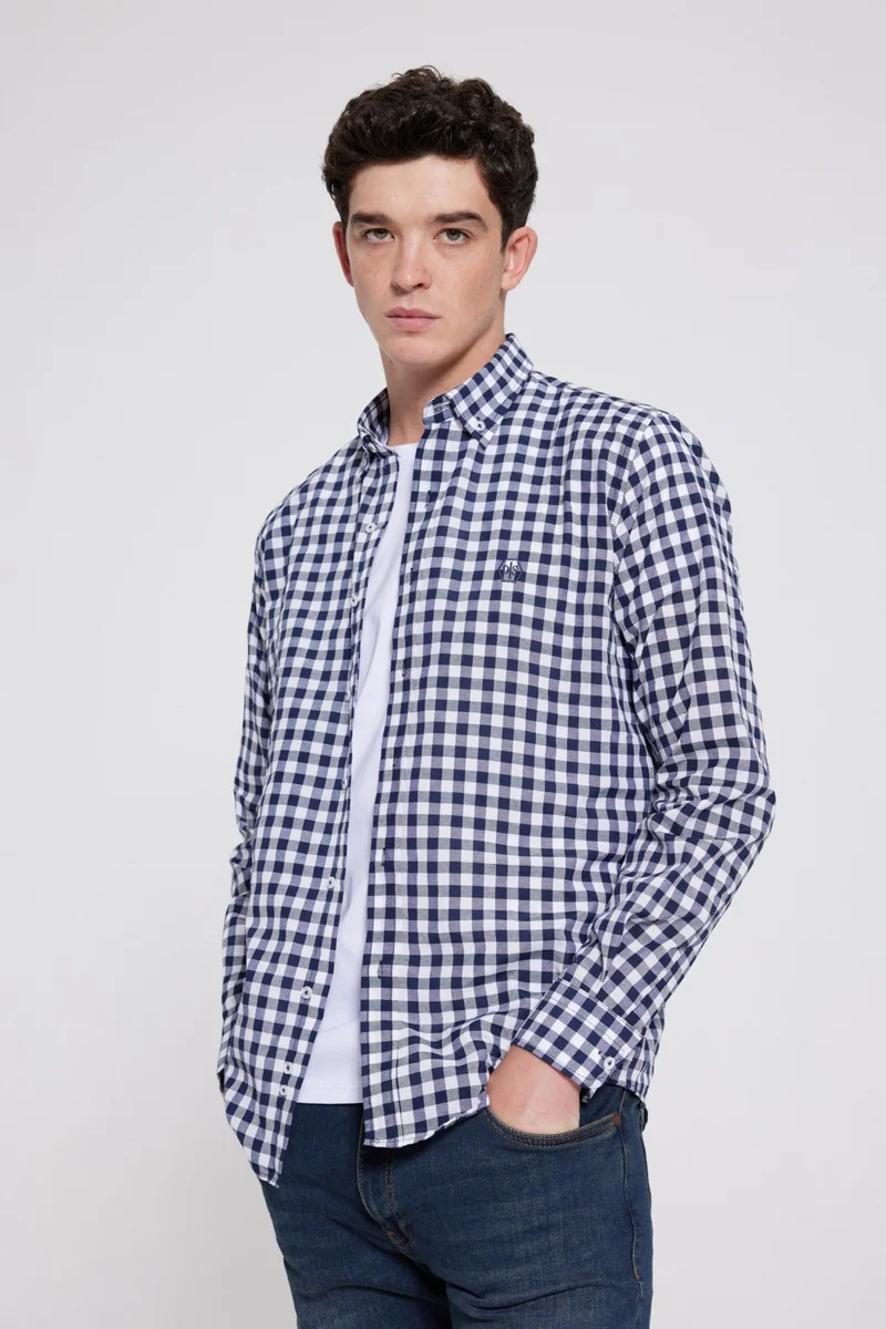 D'S DAMAT D'S Groom Slim Fit Navy Blue Plaid Checkered Shirt 7HC02ORT09265