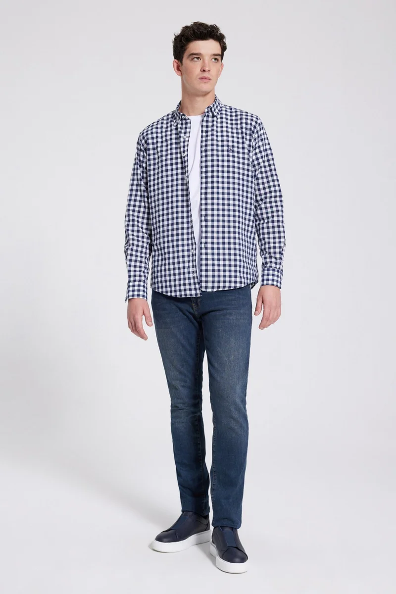 D'S DAMAT D'S Groom Slim Fit Navy Blue Plaid Checkered Shirt 7HC02ORT09265