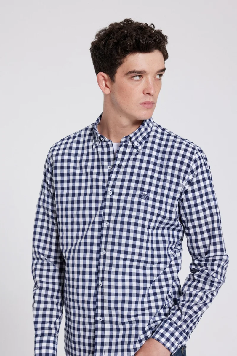 D'S DAMAT D'S Groom Slim Fit Navy Blue Plaid Checkered Shirt 7HC02ORT09265