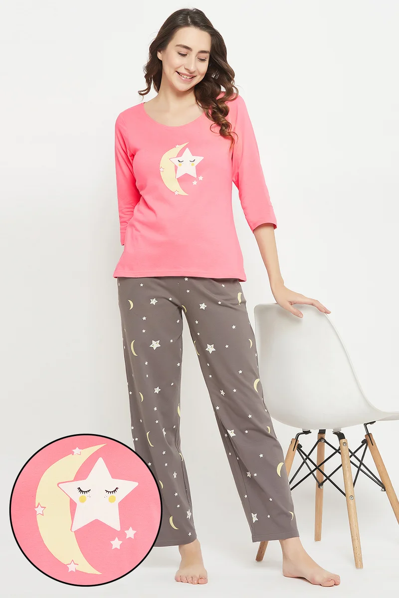 Clovia Clovia Star & Moon Print Top in Rose Pink & Pyjama in Light Grey - 100% Cotton