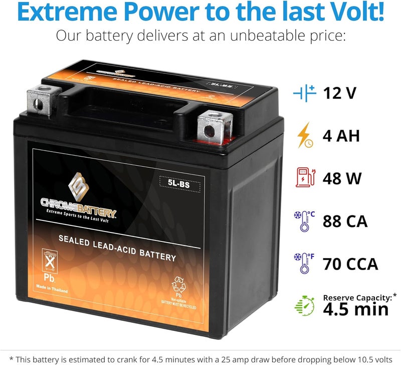 CB CHROMEBATTERY بطارية 5L-BS خالية من الصيانة 12V 5Ah بديل لـ ATV والدراجات النارية وزلاجات المياه والسكوتر وUTV والمزيد - طرف صمولة وبرغي (T3) - Image 3
