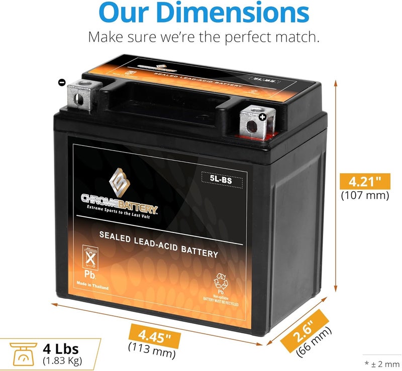 CB CHROMEBATTERY بطارية 5L-BS خالية من الصيانة 12V 5Ah بديل لـ ATV والدراجات النارية وزلاجات المياه والسكوتر وUTV والمزيد - طرف صمولة وبرغي (T3) - Image 2