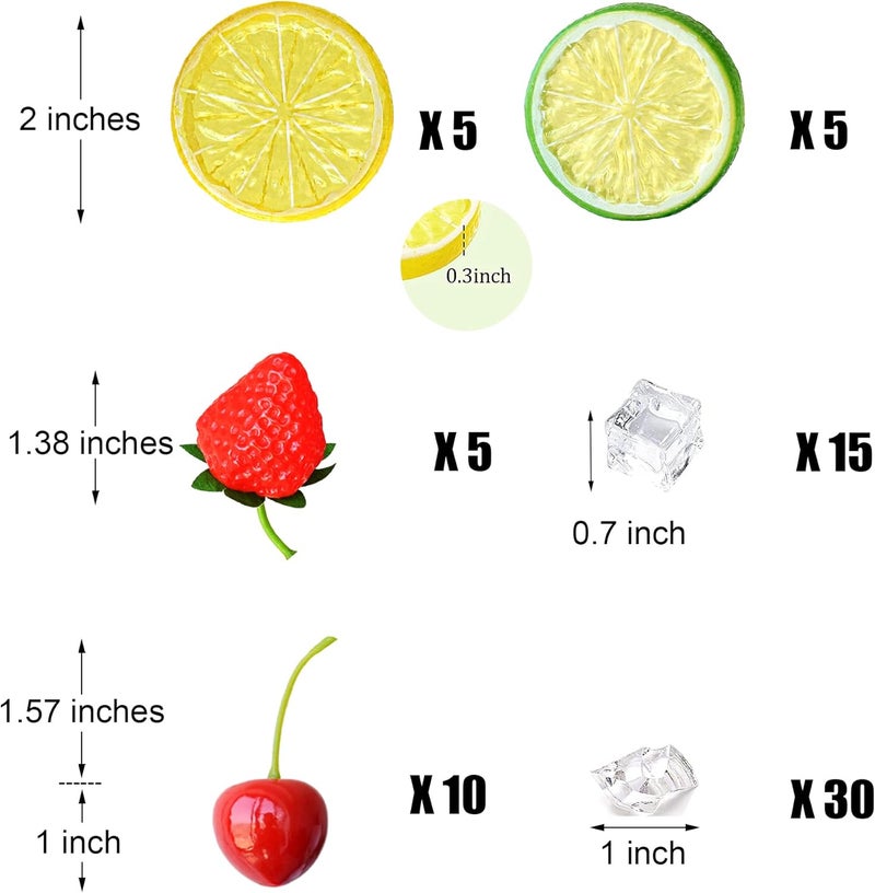 Chewarelly 70 Pcs Fake Fruits Ice Cube Set, Include 10 Artificial Lemon Slice 10 Simulation Cherries 5 Fake Strawberry 45 Fake Crushed Ice and Ice Cubes for Home Kitchen Decoration - Image 2