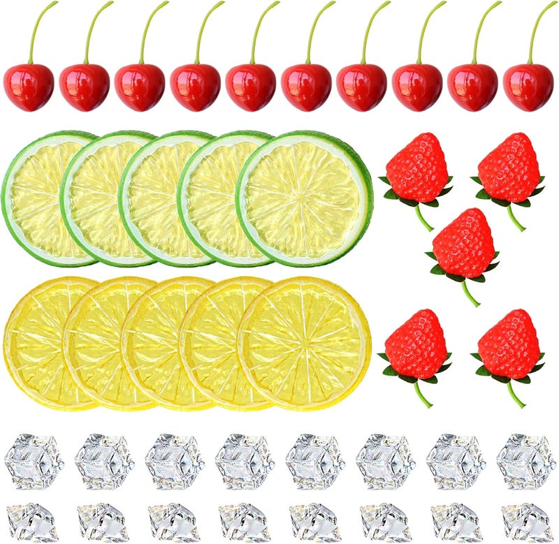 Chewarelly 70 Pcs Fake Fruits Ice Cube Set, Include 10 Artificial Lemon Slice 10 Simulation Cherries 5 Fake Strawberry 45 Fake Crushed Ice and Ice Cubes for Home Kitchen Decoration - Image 1